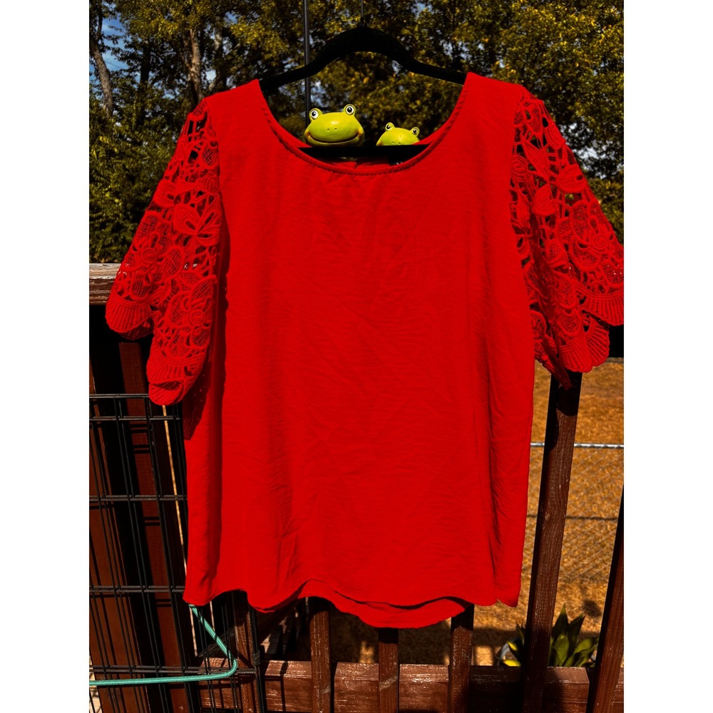 Sky Plus Womens Red Crochet Lace Short Sleeve Blouse Keyhole Back Top 2X